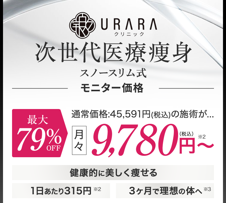 URARAクリニック次世代医療痩身オープン記念キャンペーン／最大79%OFF／月々9,780円（税込み）〜／1日あたり315円／3ヵ月で理想の体へ