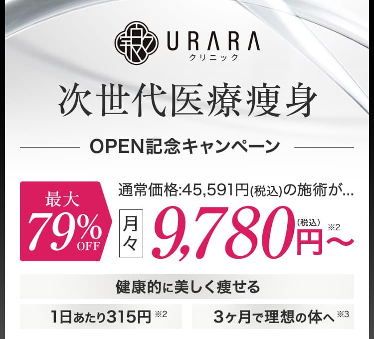 URARAクリニック次世代医療痩身オープン記念キャンペーン／最大79%OFF／月々9,780円（税込み）〜／1日あたり315円／3ヵ月で理想の体へ