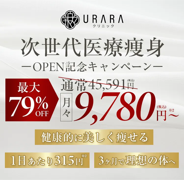 URARAクリニック次世代医療痩身オープン記念キャンペーン／最大79%OFF／月々9,780円（税込み）〜／1日あたり315円／3ヵ月で理想の体へ