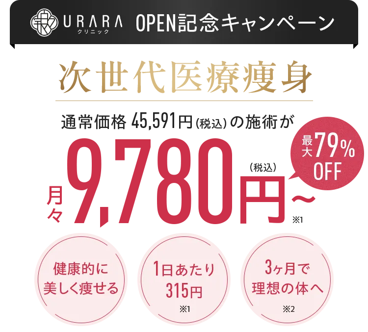 URARA OPEN記念キャンペーンクリニック 次世代医療瘦身 通常価格45,591円 (税込) の施術が月¥ 9,780円最大79%OFF 健康的に美しく痩せる 1日あたり315円 3ヶ月で理想の体へ