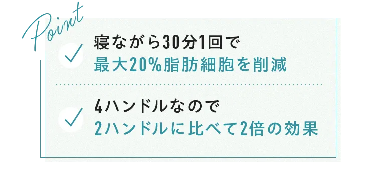 point 寝ながら30分1回で最大20%脂肪細胞を削減 4ハンドルなので2ハンドルに比べて2倍の効果