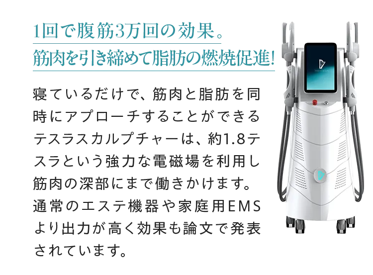 1回で腹筋3万回の効果。筋肉を引き締めて脂肪の燃焼促進!寝ているだけで、筋肉と脂肪を同時にアプローチすることができるテスラスカルプチャーは、 約1.8テスラという強力な電磁場を利用し筋肉の深部にまで働きかけます。通常のエステ機器や家用EMSより出力が高く効果も論文で発表されています。