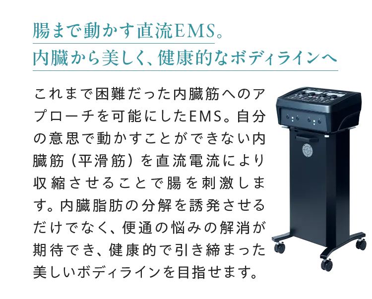 腸まで動かす直流EMS。内臓から美しく、 健康的なボディラインへこれまで困難だった内臓筋へのアプローチを可能にしたEMS。 自分の意思で動かすことができない内臟筋(平滑筋) を直流電流により収縮させることで腸を刺激します。 内臓脂肪の分解を誘発させるだけでなく、便通の悩みの解消が期待でき、健康的で引き締まった美しいボディラインを目指せます。