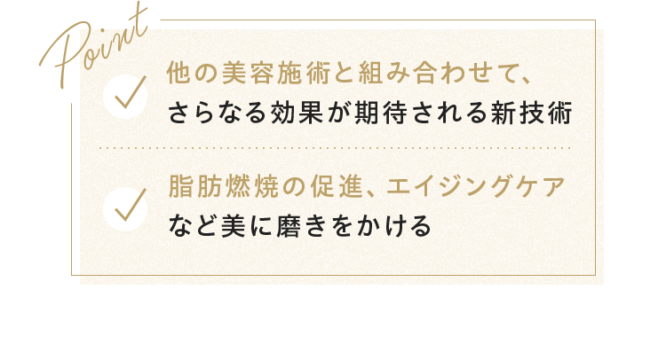 Point 他の美容施術と組み合わせて、さらなる効果が期待される新技術 ︎脂肪燃焼の促進、エイジングケアなど美に磨きをかける