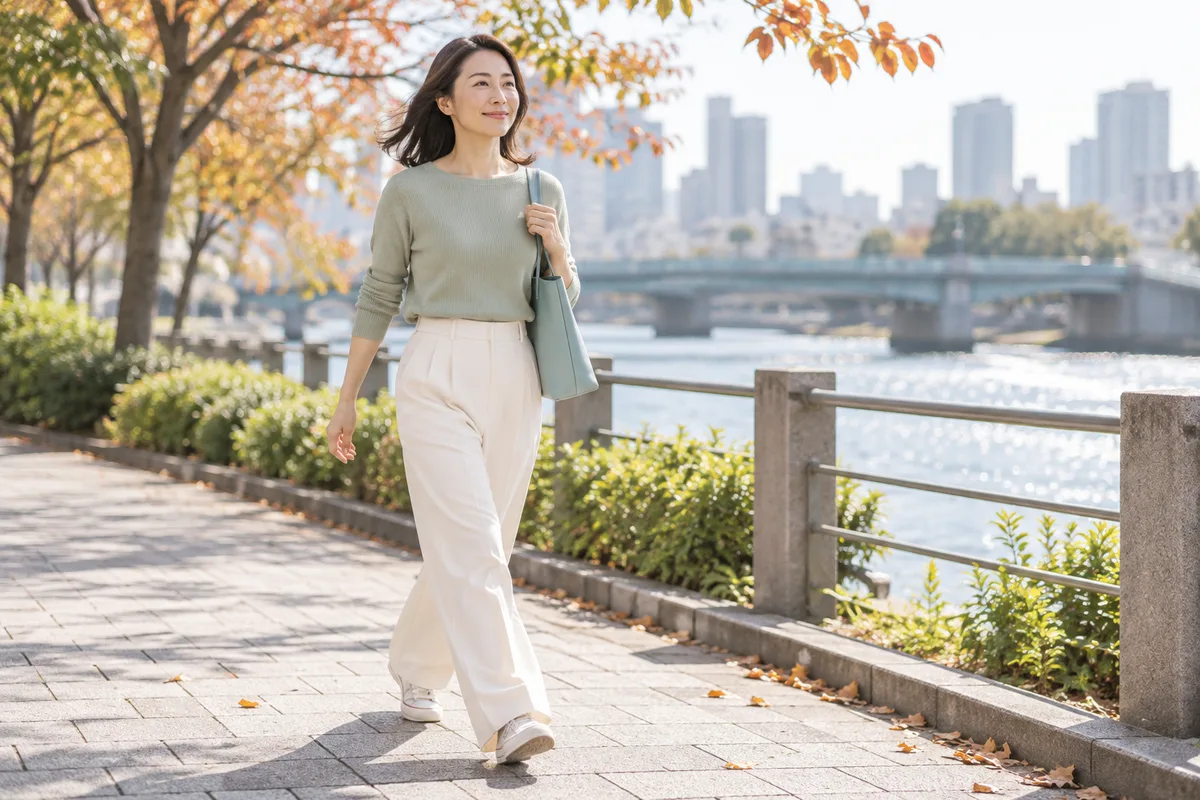 水辺を思わせる屋外を歩く女性