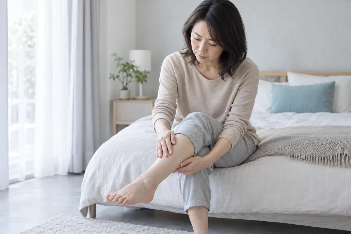 足首を触って確認する女性