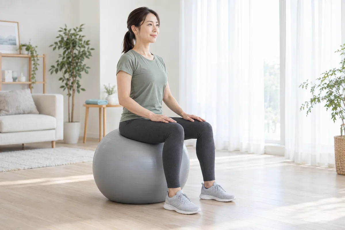バランスボールに正しい姿勢で座る女性（足は床・膝は約90度・背すじを伸ばした状態）