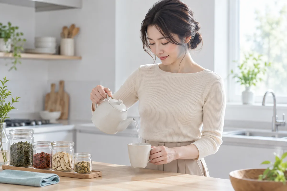 キッチンで温かいお茶を用意する女性