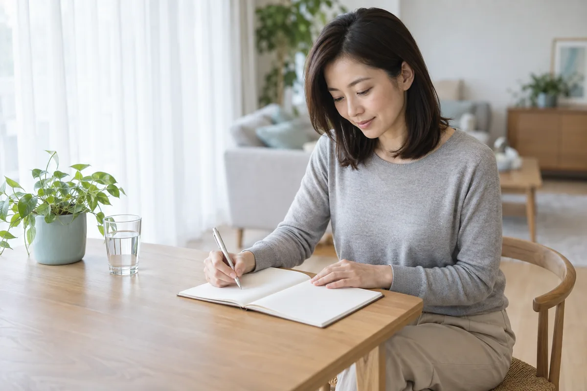 テーブルでノートに記録をつける女性