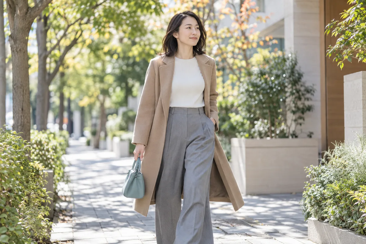 並木道を歩く女性