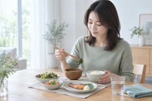 焼き魚と野菜の和定食を食べる女性