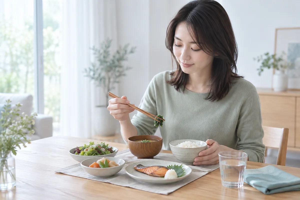 焼き魚と野菜の和定食を食べる女性