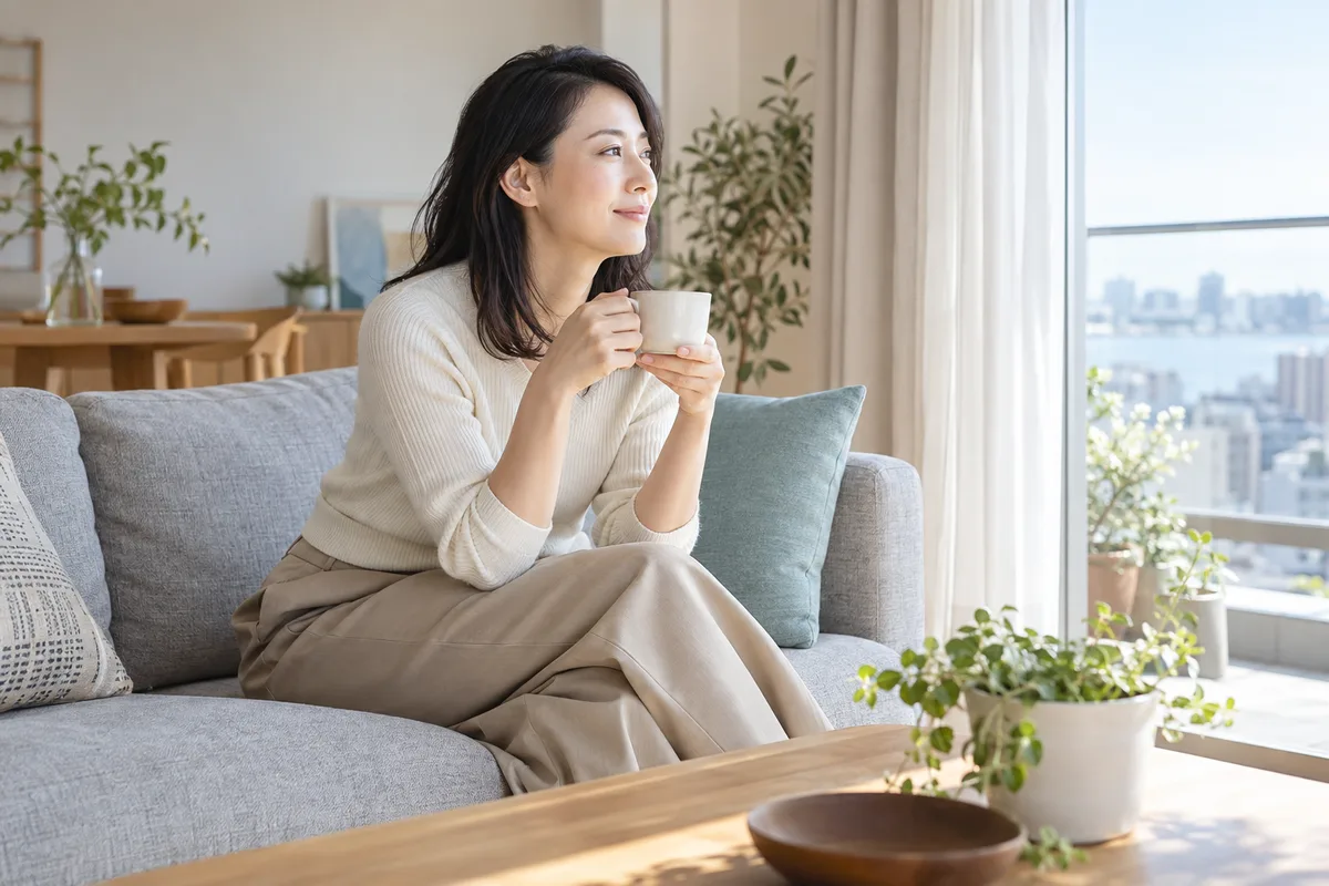 窓辺で温かいお茶を飲みくつろぐ女性