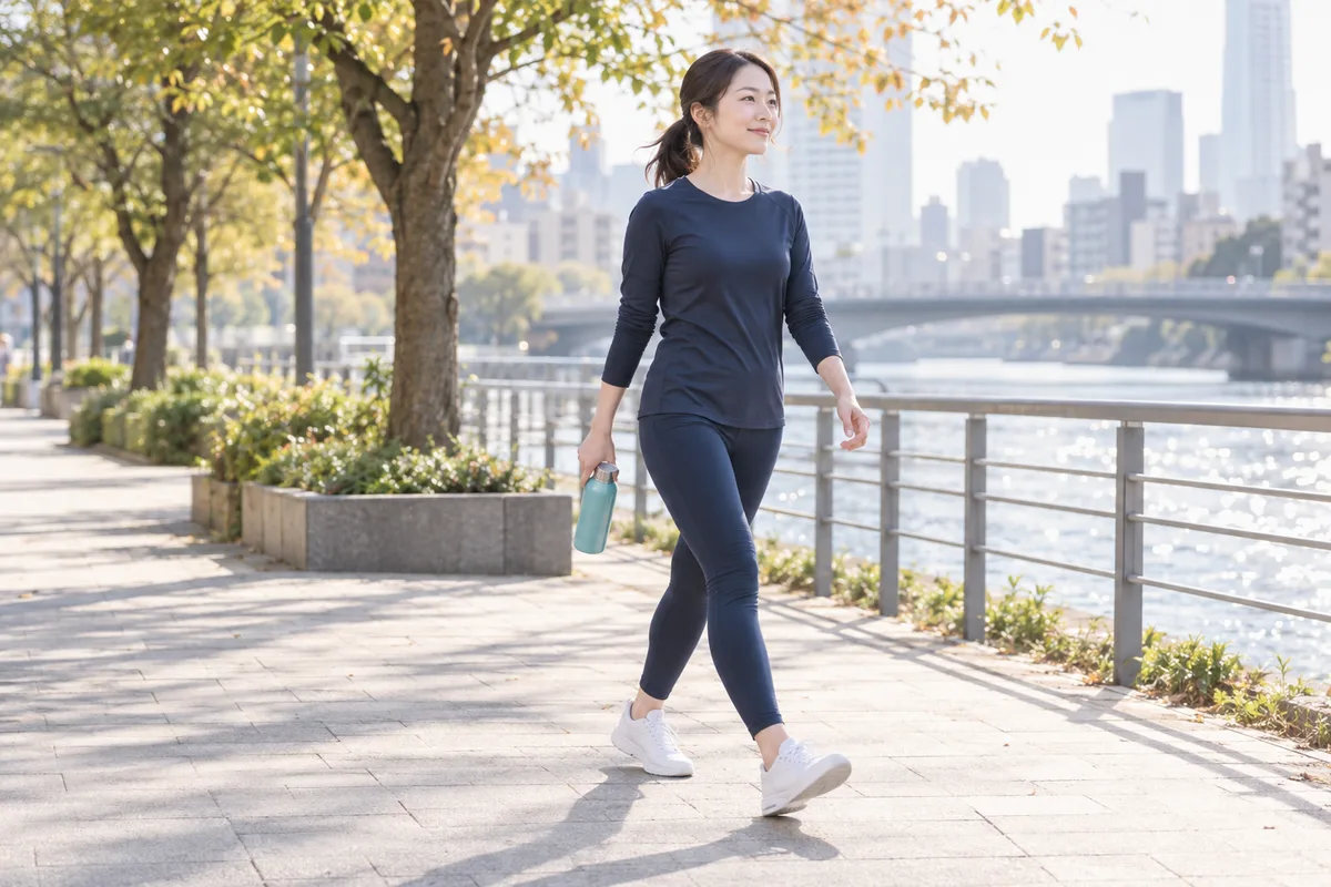 川沿いの並木道をウォーキングする女性