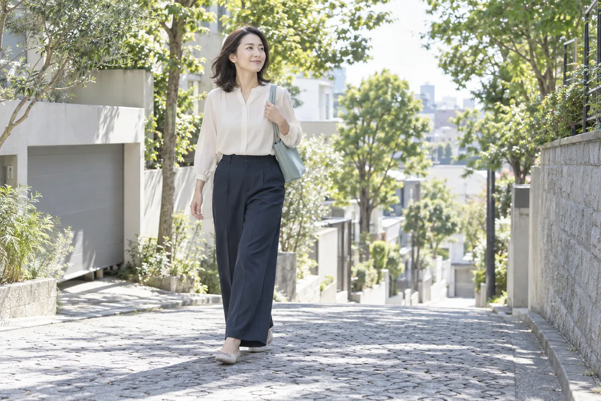 並木道の坂を軽やかに上る女性