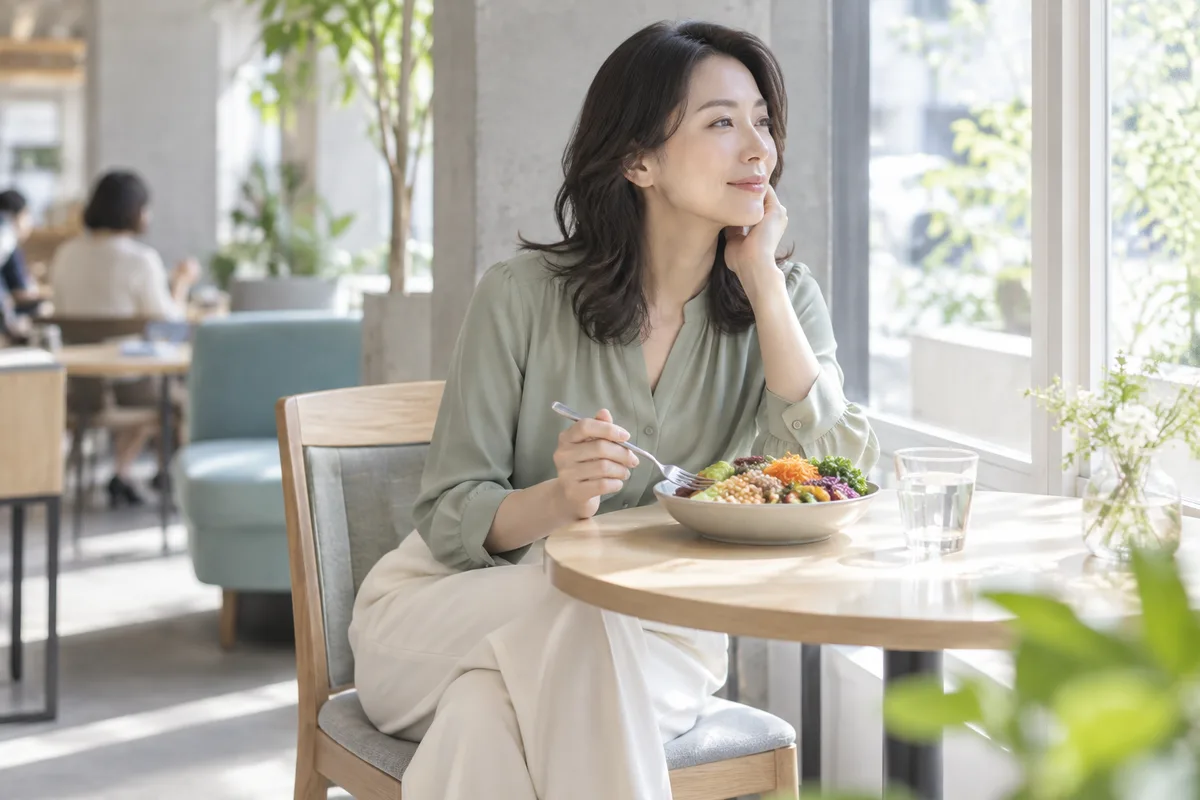 コンビニで購入した食事をとる女性