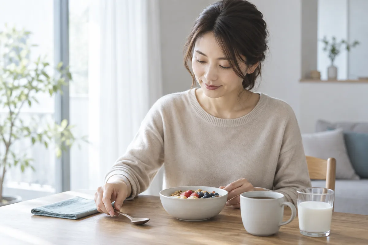 食卓で食事をする女性