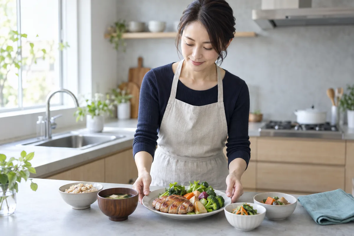 キッチンで健康的な食事を用意する女性