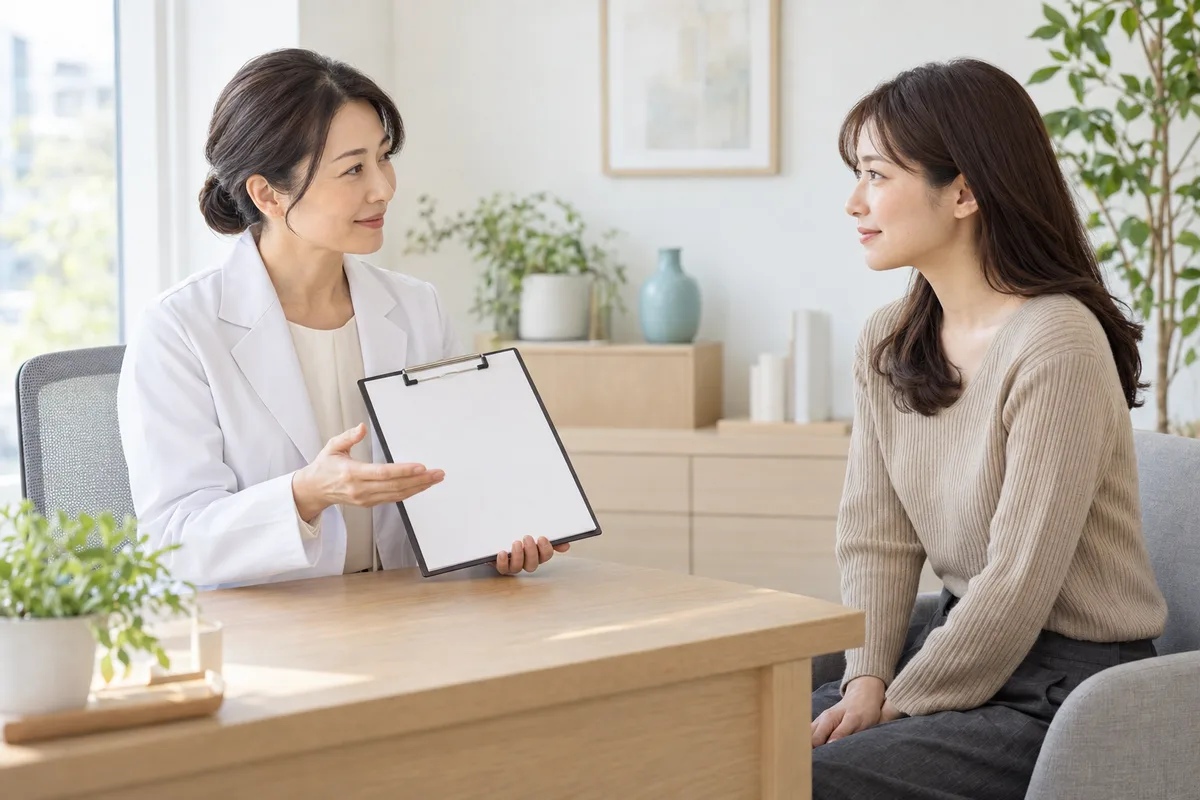 診察室で医師の説明を聞く女性