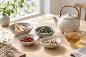 器に入った生薬と漢方茶