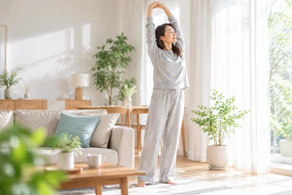 朝の部屋で体を伸ばす女性