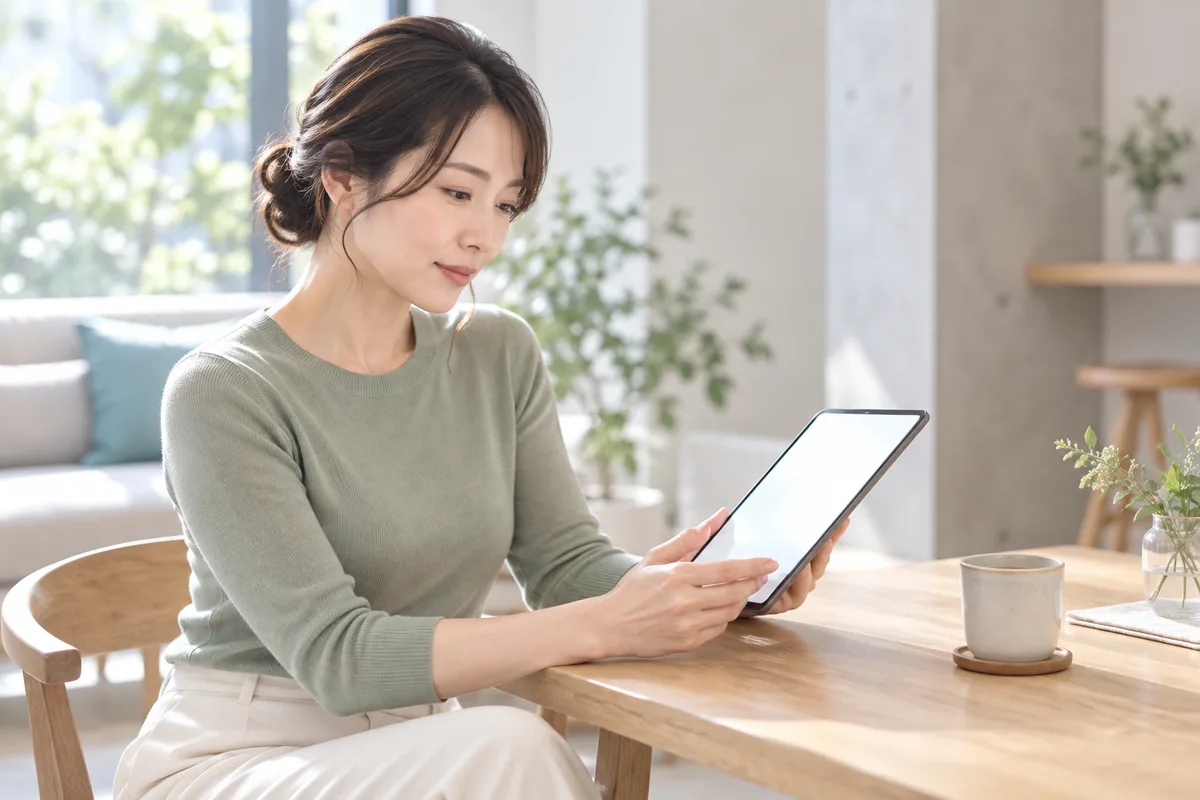 タブレットで漢方について調べる女性