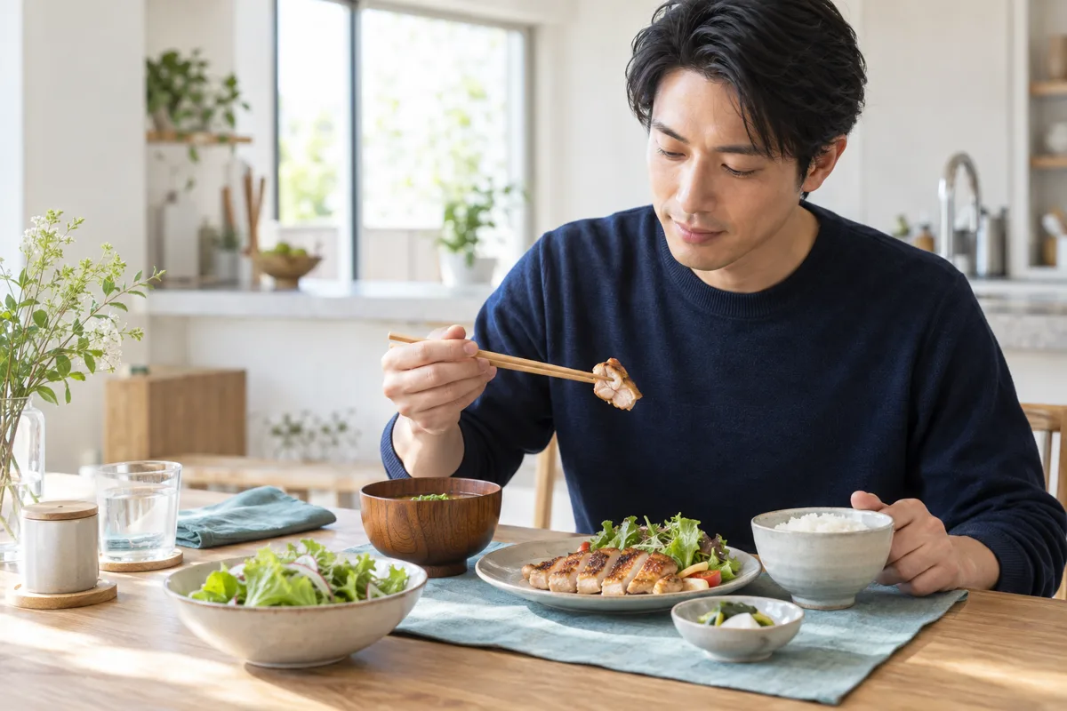 たんぱく質を意識したバランスの良い食事をとる男性