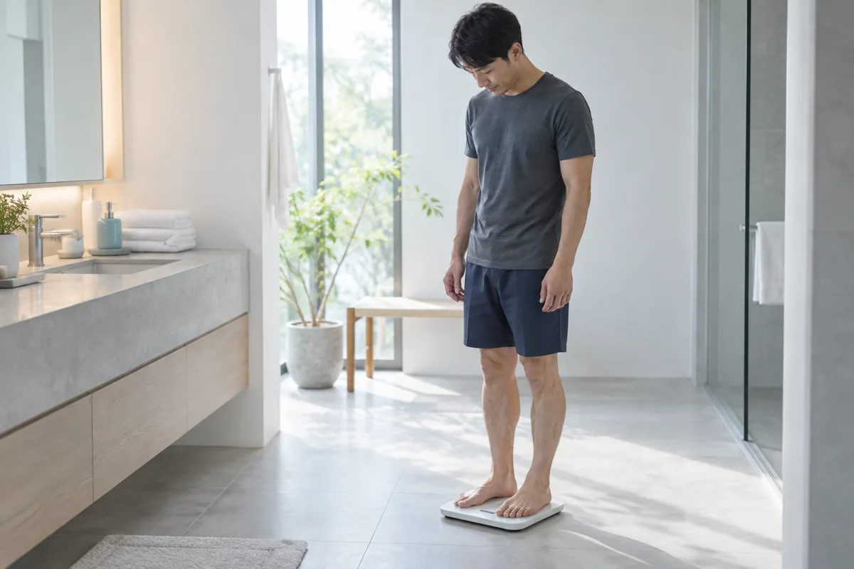 朝、体組成計で体脂肪率を測る男性