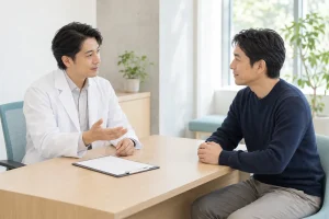 診察室で医師から説明を受ける男性