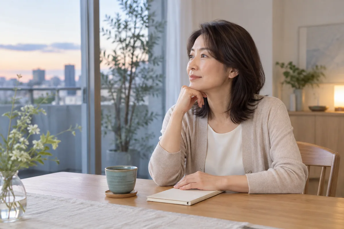 窓の外を見ながら考える女性