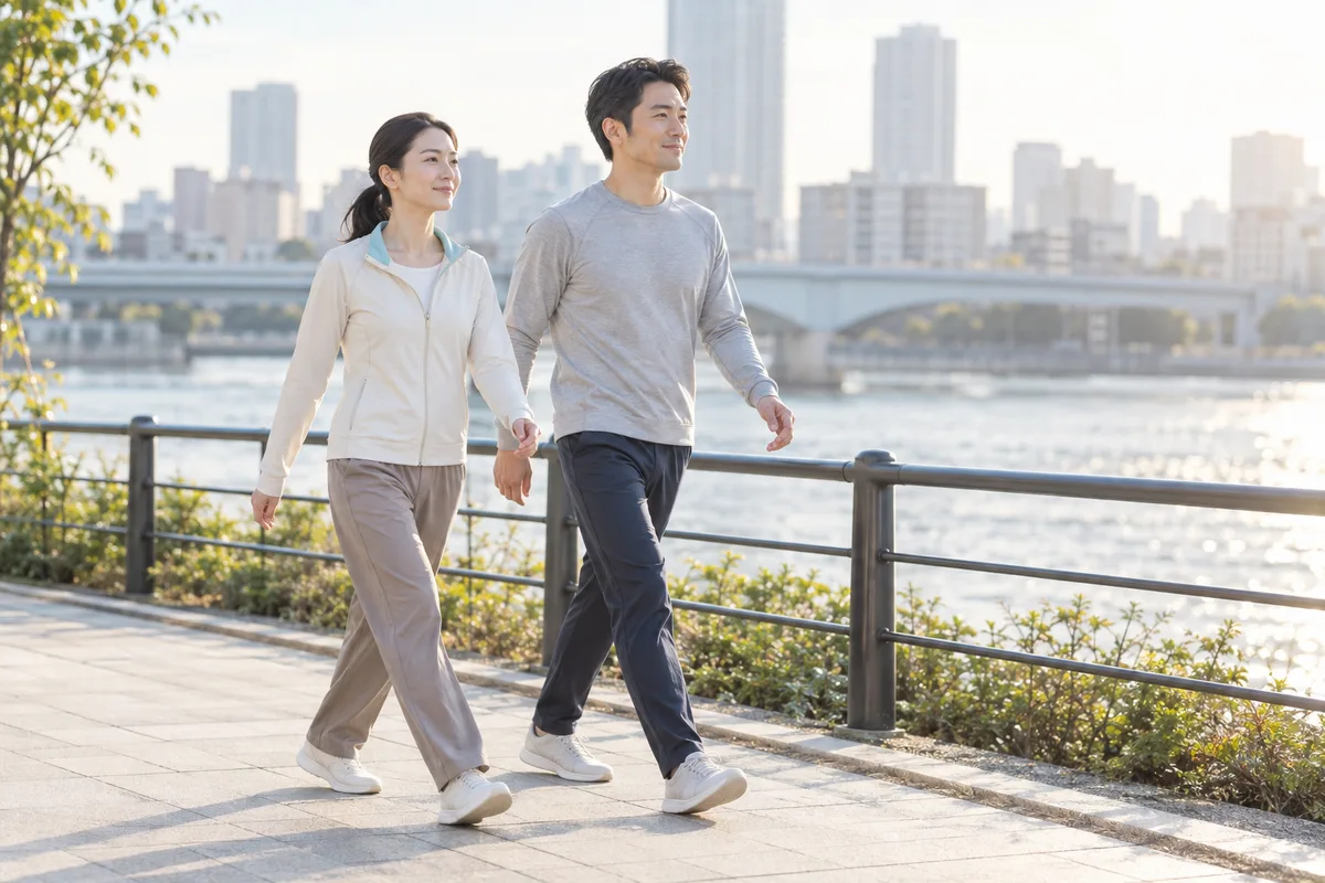 川沿いを一緒にウォーキングする男女