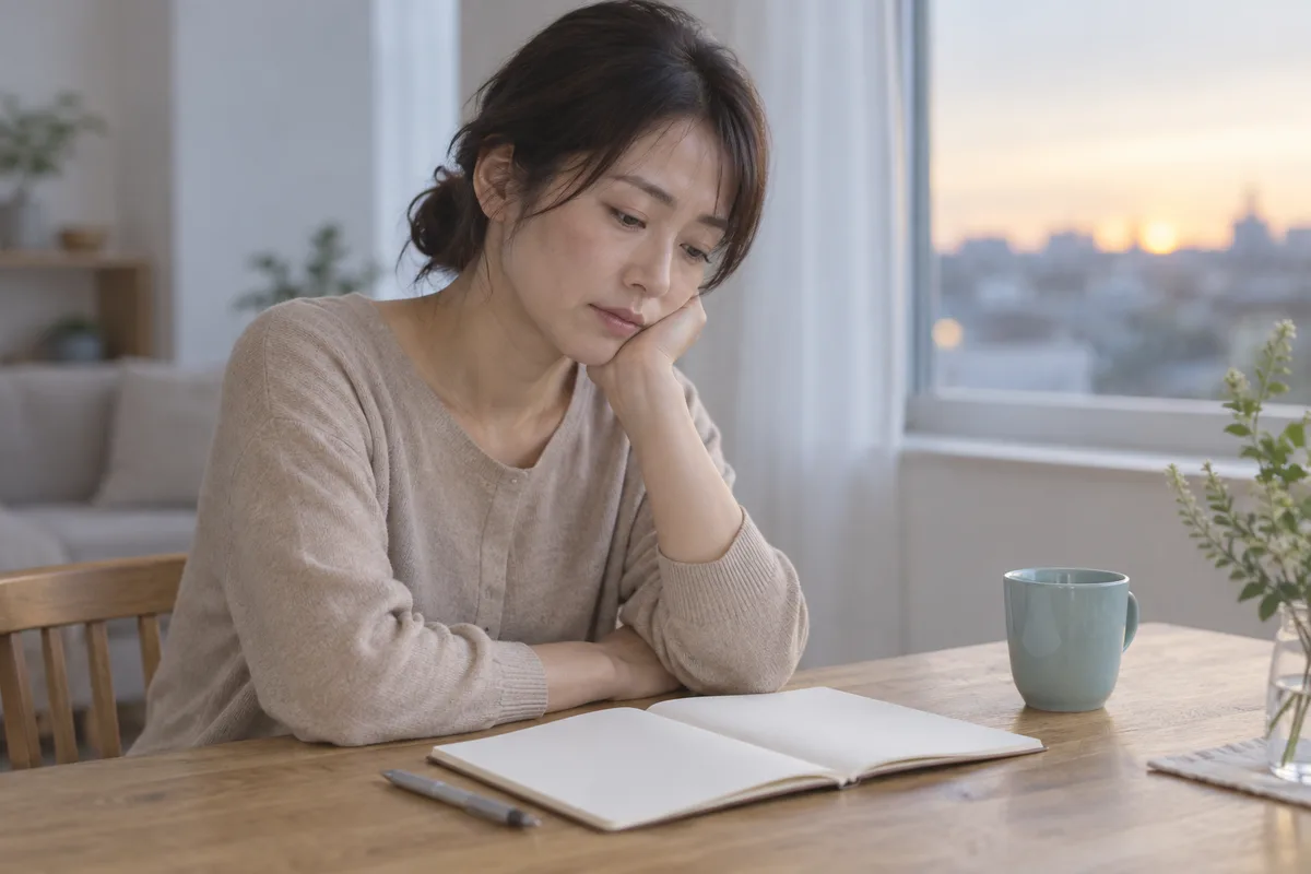 記録帳を前に少し疲れて考え込む女性