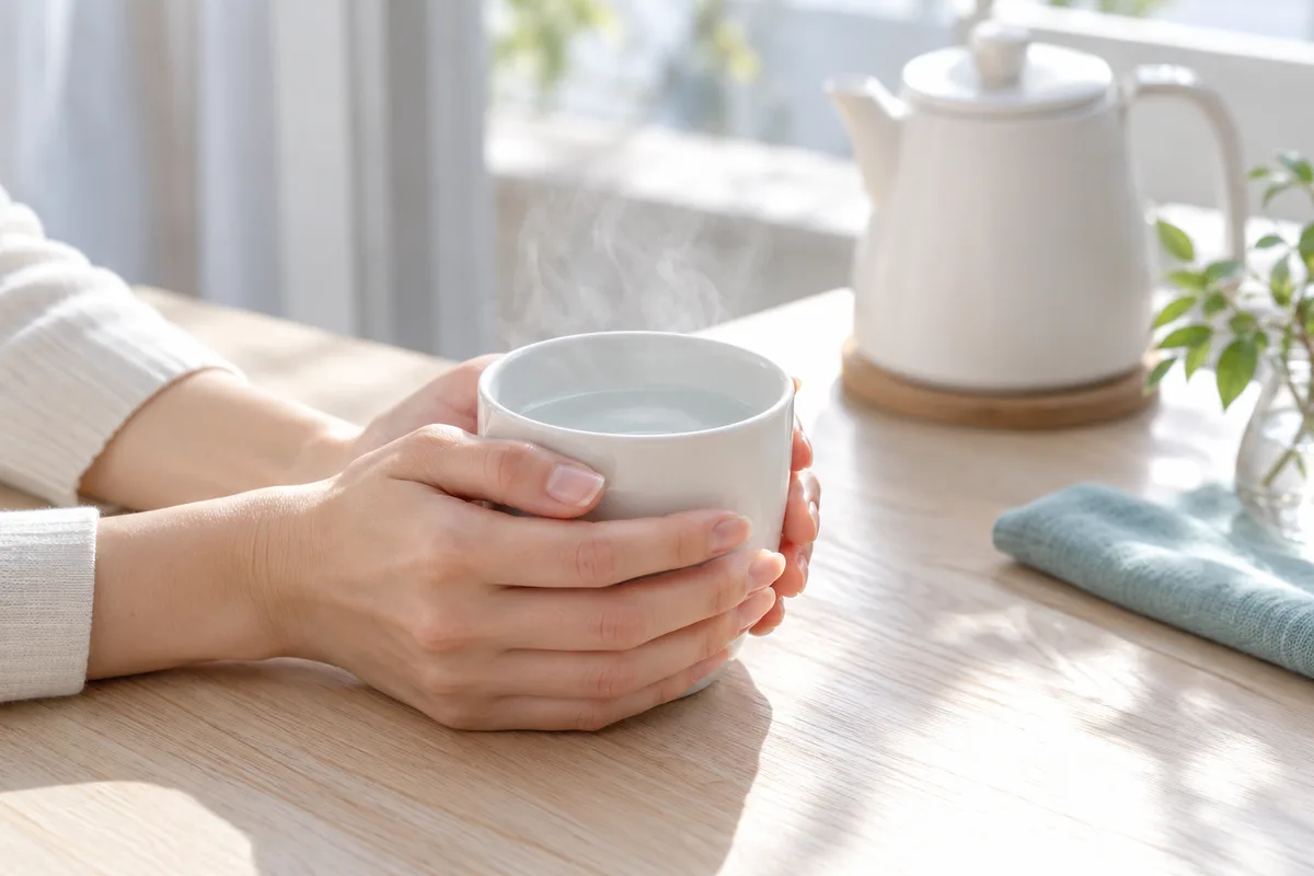 キッチンで温かい飲み物を用意する女性