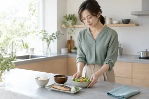 バランスのよい朝食を用意する女性