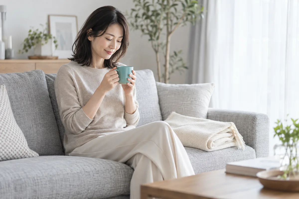 ソファで温かい飲み物を楽しむ女性