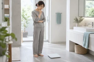 体重計の数字を見て考え込む女性