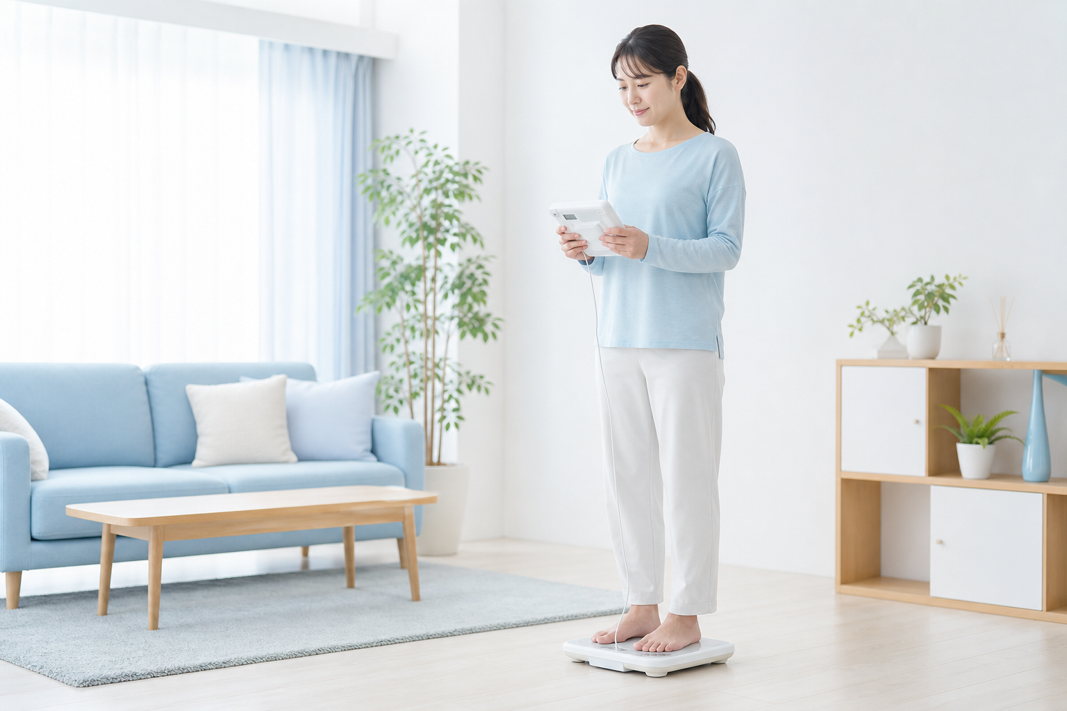 体組成計で体脂肪率を確認している女性