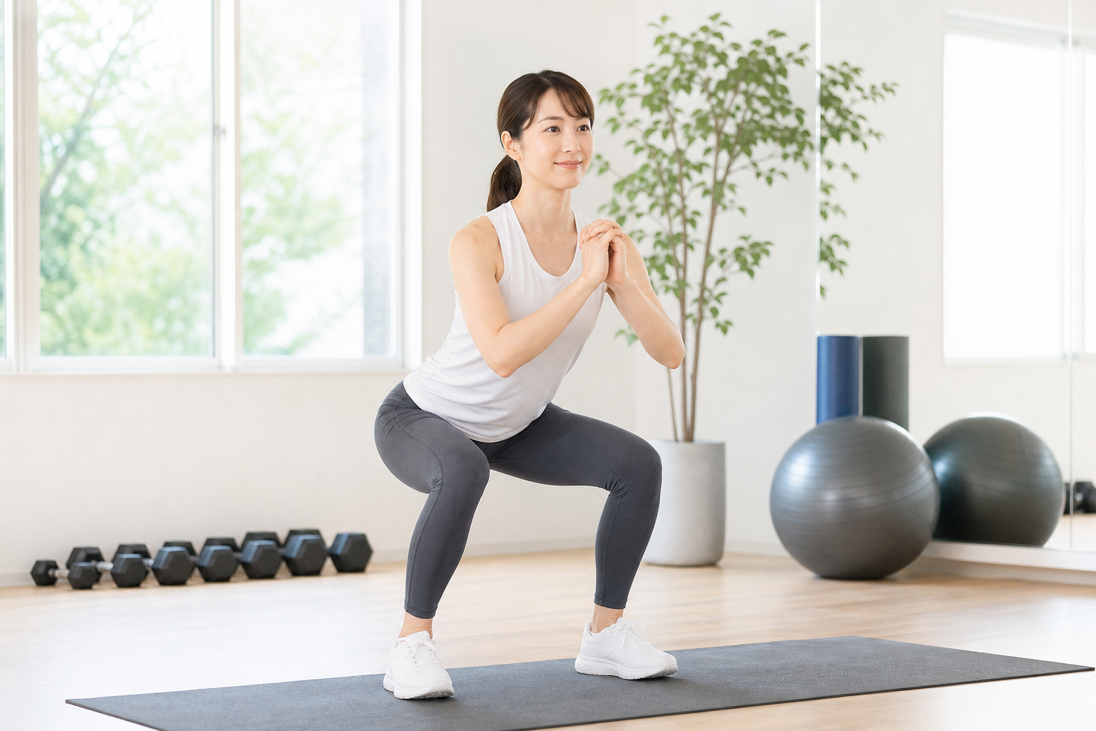 スクワットで下半身を動かしている女性