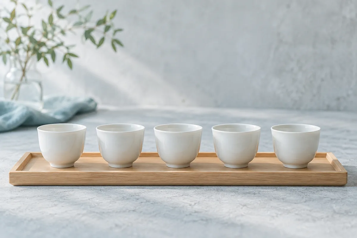 木のトレーに並べた5つの白いカップ