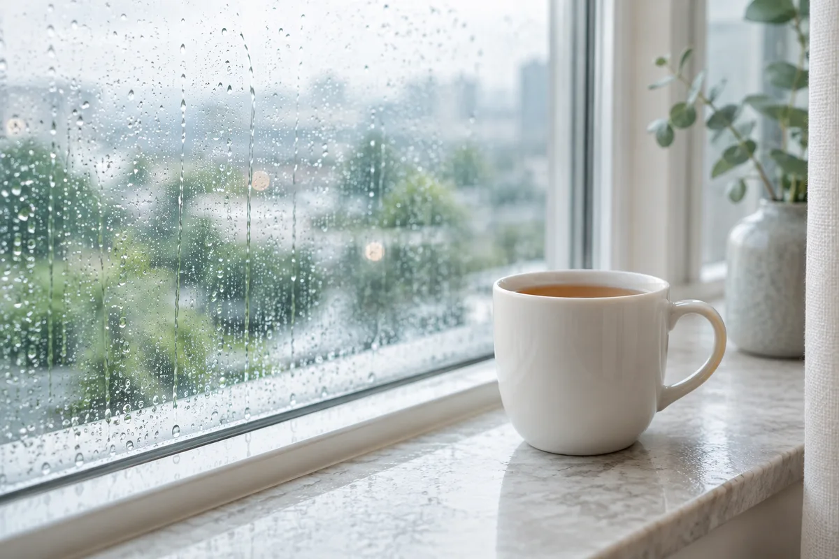 小雨の窓辺に置いた白いマグカップ