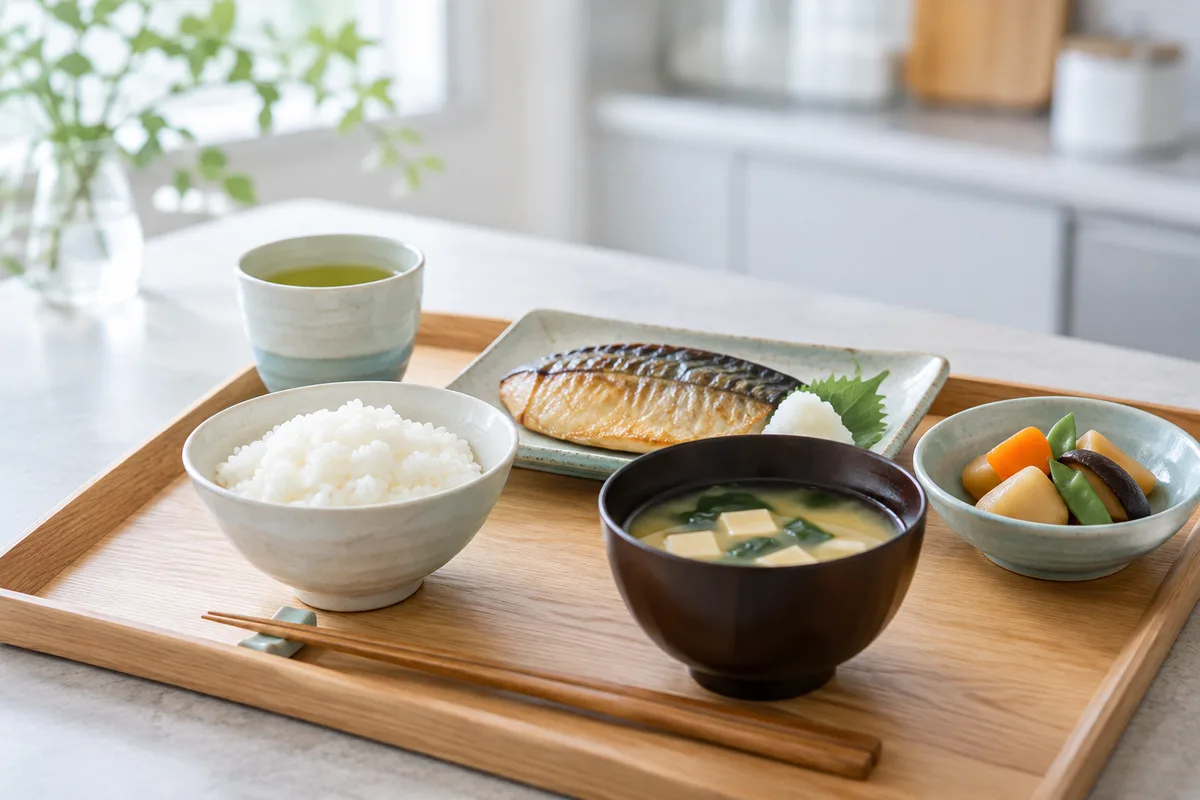 明るいキッチンの木のトレーに並べた、ご飯・味噌汁・焼き魚・煮物・緑茶の食事