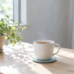 朝の窓辺の木のテーブルに置いた、湯気の立つ白いマグカップと小さな観葉植物