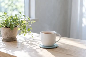 朝の窓辺の木のテーブルに置いた、湯気の立つ白いマグカップと小さな観葉植物