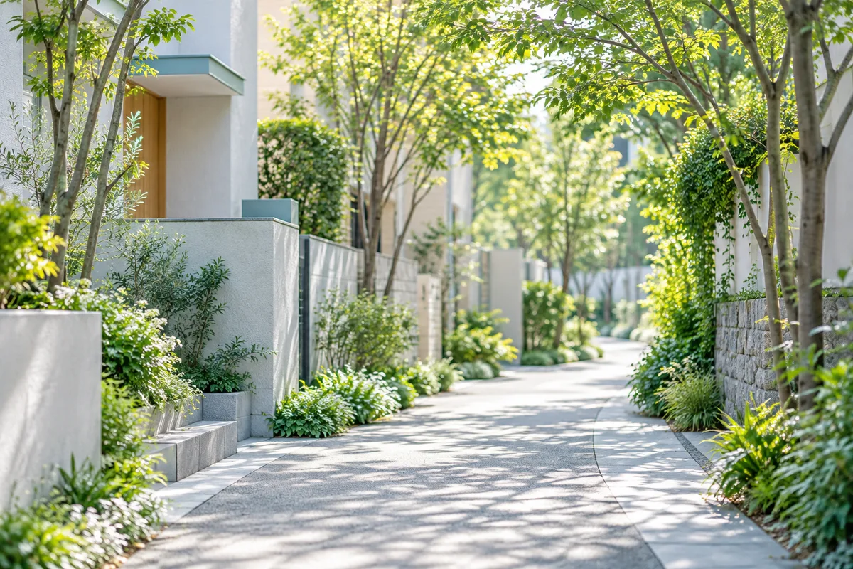 朝の光がやわらかく差す、緑に囲まれた住宅街の静かな散歩道