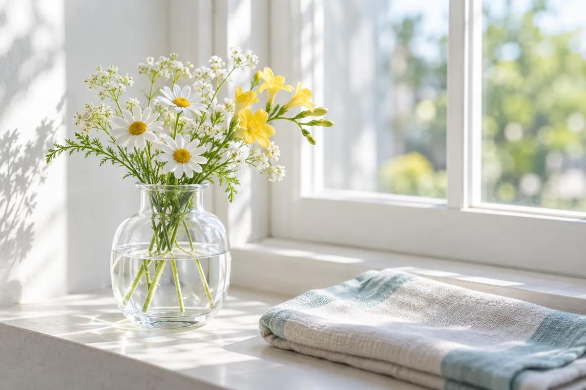 日の当たる窓辺に置いた、ガラスの花瓶の黄色と白の花と畳んだブランケット