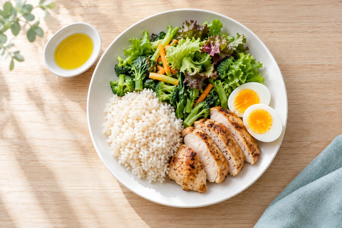 ご飯・鶏肉と卵・たっぷりの野菜を盛り分けた丸皿