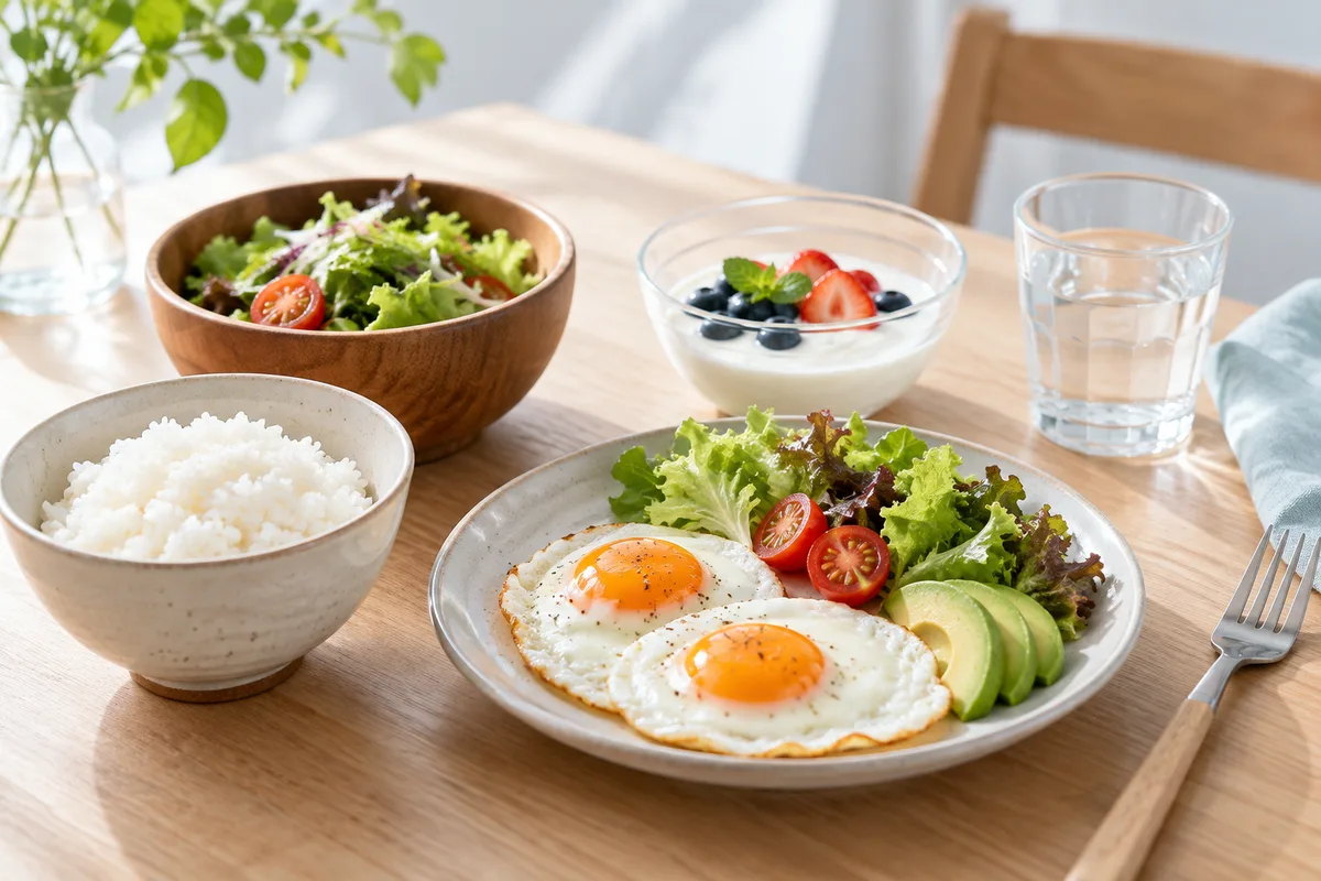 ご飯・卵・サラダ・ヨーグルトを並べた朝食の食卓