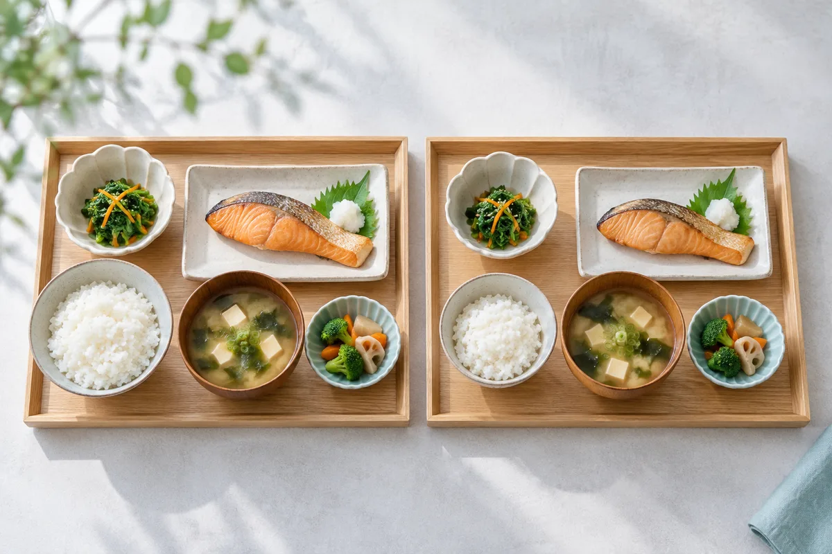 似た内容の和食を載せた2つの盆を並べた様子