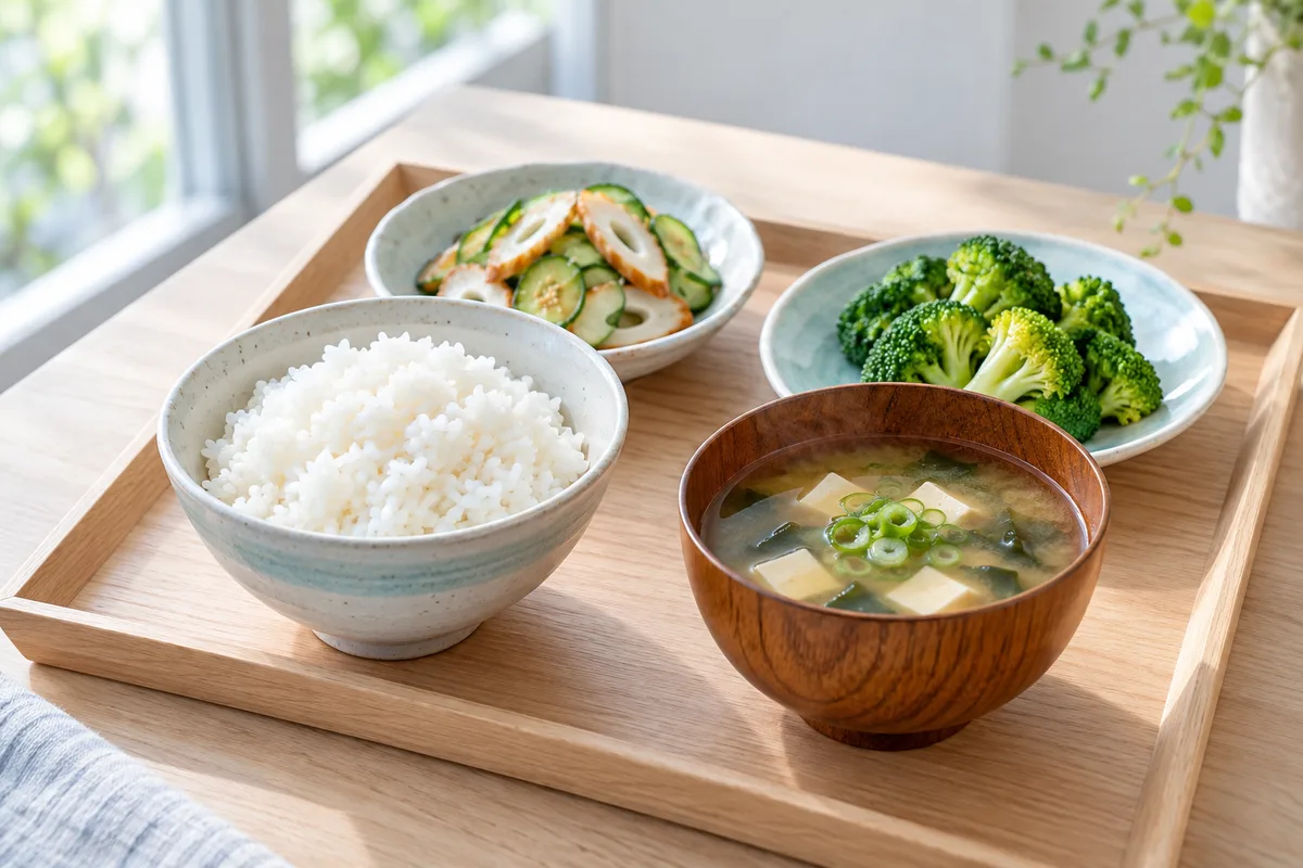 ご飯・味噌汁・ちくわときゅうりの小鉢・ブロッコリーをそろえた食事