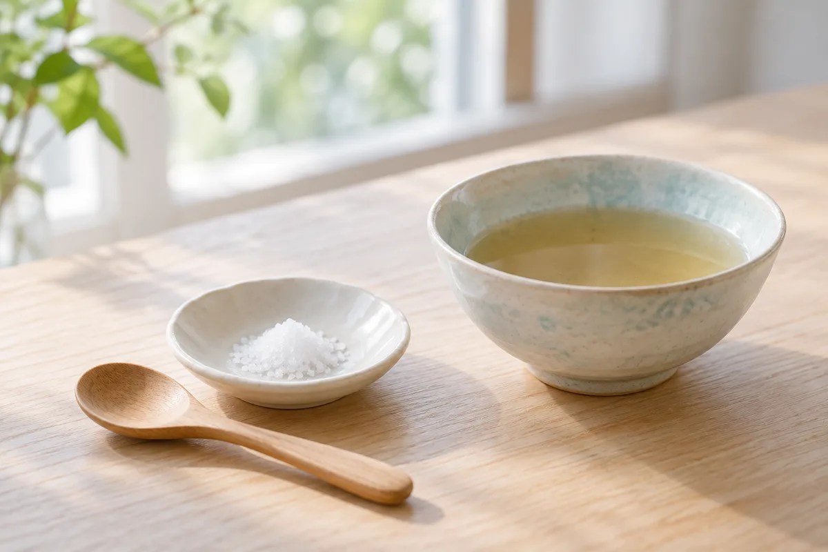 塩と小さな木のスプーン、澄んだ汁を入れた小鉢